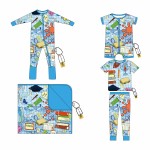 Back to School Soft Bamboo Viscose Baby Zipper Pants Kids Pajamas Unisex Custom Print Zipper Footed Bamboo Baby Clothing Set