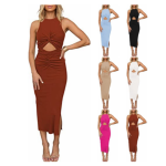 2023 Summer Women's Clothing European & American Sleeveless Plus Size Dress Hollow Out Ruffle Split Ribbed Knit Dress