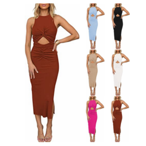 2023 Summer Women's Clothing European & American Sleeveless Plus Size Dress Hollow Out Ruffle Split Ribbed Knit Dress