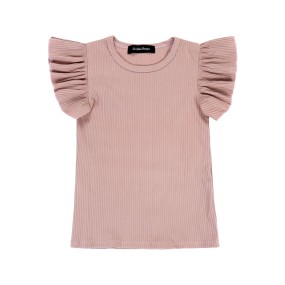 Pink Flutter Sleeve Cute Young Girl T-Shirt Ruffle Knit Ribbed Top Girl Clothes