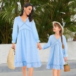 Women's Long Sleeve V-Neck Mother Daughter Dress Holiday Casual Party Dress