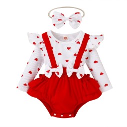 Red Small Heart Print Ribbed Pure Cotton Children's Wear Girl Tank Top Set Girl Valentine's Day Summer Outfit