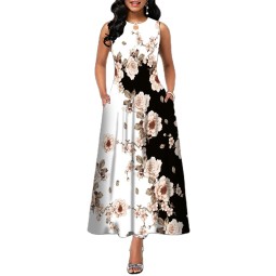 Summer Women Sleeveless Tank Top Print Dress with Pocket Plus Size Long Dress Maxi Skirt