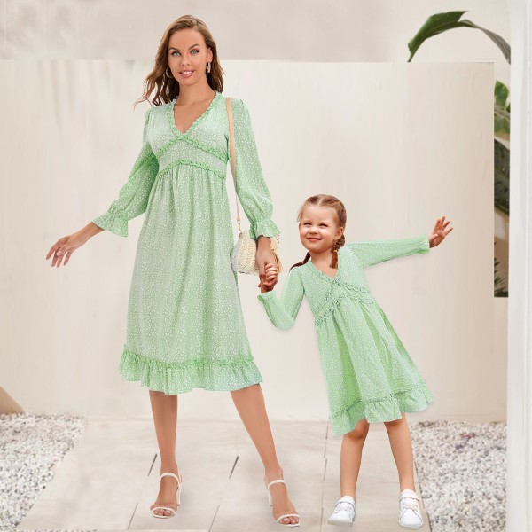 Women's Long Sleeve V-Neck Mother Daughter Dress Holiday Casual Party Dress