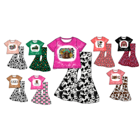 Girls Clothing Short Sleeve Cow Top Bell Bottom Pants Leggings Children's Summer Set