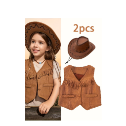 Cute Fringe 2pcs Set Western Cowboy Denim Style Brown Vest New Top Sleeveless Vest (Vest + Hat)