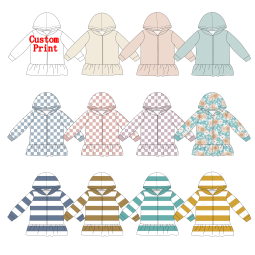 Custom Print Wholesale Kids Hoodie Full Zipper Ruffle Bottom Girls Clothing Sweatshirt