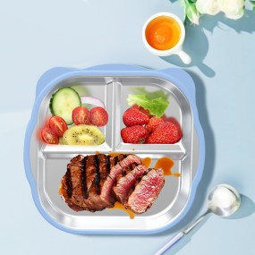 Cute Stainless Steel Children's Plate with Removable Silicone Cover Anti-Slip Square Toddler Baby Small Meal Snack Bowl