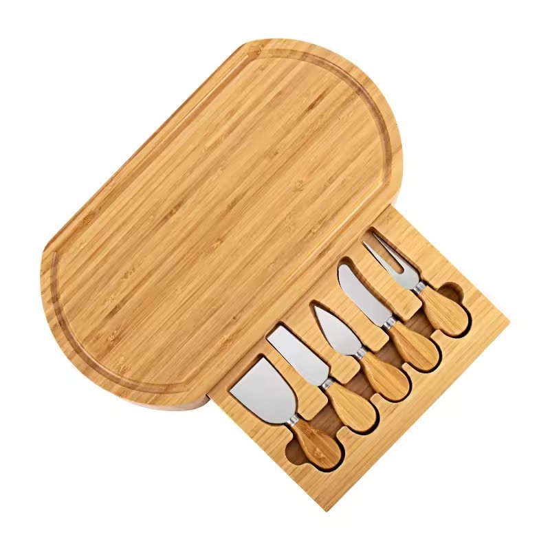 Bamboo Cheese Board and Knife Set Tray with Slide-Out Drawer Deli Utensils for Cheese Cutting Cutting Board