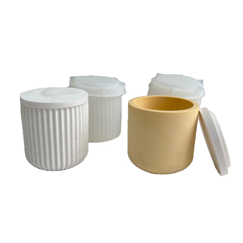 Round Candle Cup With Lid Silicone Mold Storage Box Vertical Stripe Thin Mirror Epoxy Plaster Mold