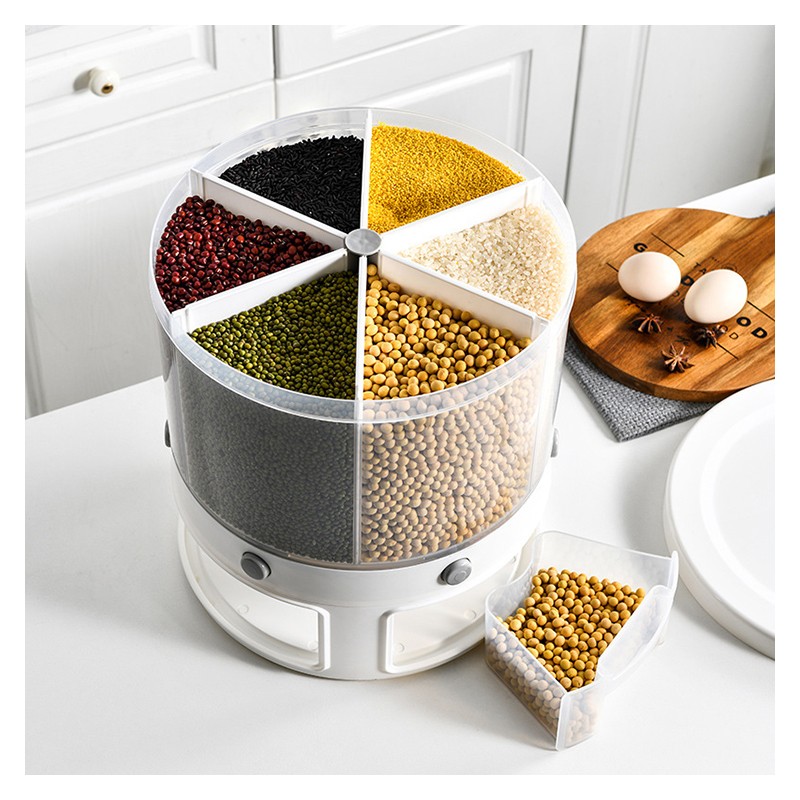 Hot  High Quality Kitchen Moisture-proof 6Grid Rotatable White Rice Dispenser Cereal Storage Box Plastic Grain Rice Bucket