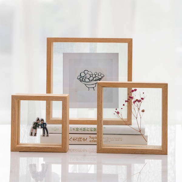 Photo Frame Wall Art Transparent Double-Sided Glass Picture Wood Frame