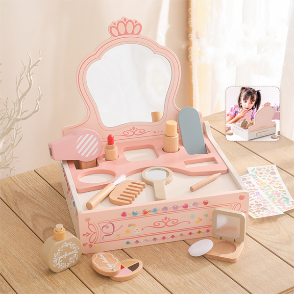 Hot Selling Scandinavian Style Unisex Princess Playhouse Makeup Small Dressing Table Wooden Children Pink Mirror Toy Set Zhejiang