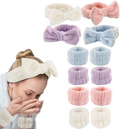 Women's Custom Logo Flannel Spa Headband Wristband Set Reusable Makeup Face Wash Towel Shampoo Headband Wristband
