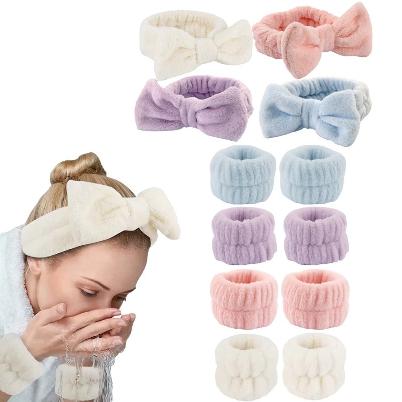 Women's Custom Logo Flannel Spa Headband Wristband Set Reusable Makeup Face Wash Towel Shampoo Headband Wristband
