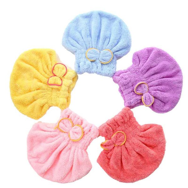Cute Bow Coral Fleece Towel Turban Quick-Dry Blow Dry Cap Bathrobe Hat 100% Pure Cotton Children
