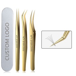 Custom LOGO Full Range Stainless Steel Eyelash Tweezers Gold Label False Eyelash Volume Tweezers Finger Iron Box
