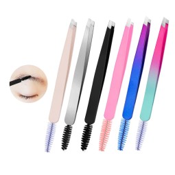 Stainless Steel Slant Tip with Brush Eyebrow Tweezer Eyebrow Trimmer False Eyelash Applicator Tweezers Beauty Gadget Makeup Tool