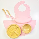 Cheap Baby Food Silicone Divider Plate and Bib Wooden Suction Silicone Baby Plate
