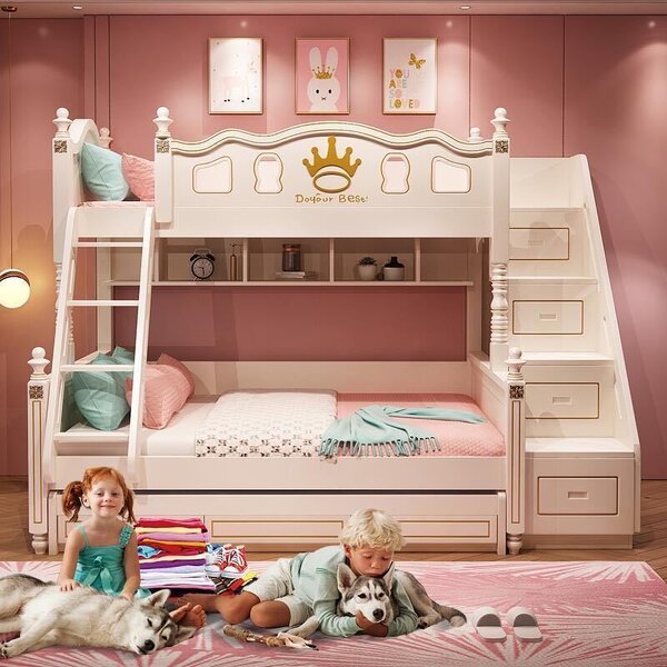 Children's Stairs Two-Tier Bed Wooden Slide Children's Girls Bed Pink Bunk Bed