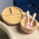 Cheap Baby Food Silicone Divider Plate and Bib Wooden Suction Silicone Baby Plate