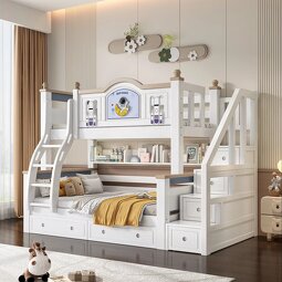 Full White Mattress Modern Boys Girls Wooden Children's Bunk Bed with Storage