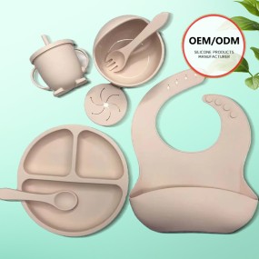 BPA-Free Custom Logo 7-Piece Set Children Infant Feeding Set Silicone Suction Bowl Plate Bib Tableware Silicone Bib Bowl Spoon Set