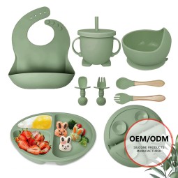 Baby Silicone Feeding Set Baby Products with Suction Divided Plate Baby Suction Bowl Sip Snack Cup Spoon Fork Food Catcher Bib