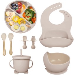 Factory Baby Silicone Products Feeding Set Silicone Baby Feeding Set Tableware Includes Divided Plate Cup Spoon Bib