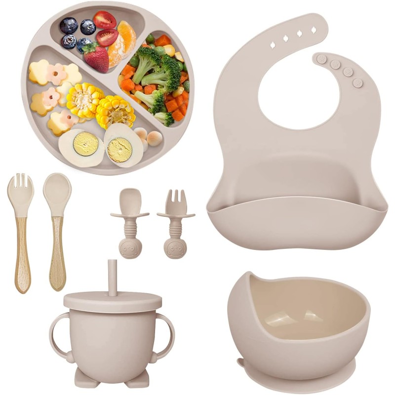 Factory Baby Silicone Products Feeding Set Silicone Baby Feeding Set Tableware Includes Divided Plate Cup Spoon Bib