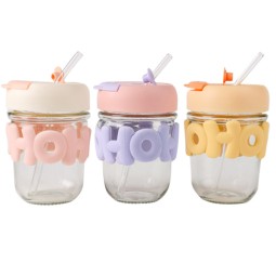 Cartoon Double Drink Glass Transparent Heat-Resistant Cute Straw Cup High Appearance Level Pearl Bracelet Letter Water Cup Unisex