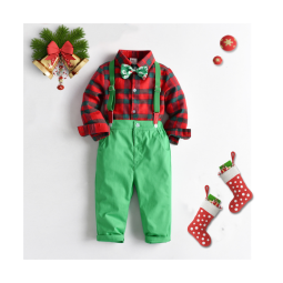 Gift Denim Overalls Children Boy Set Christmas Costume Plaid Shirt Bow Tie Party Clothing Elf Children Clothing Set