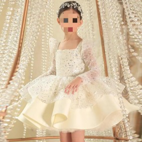 Host Dress Girl High-End Princess Photography Wedding Birthday Mid-Length White Dress Shiny Children Floral Children Party Dress