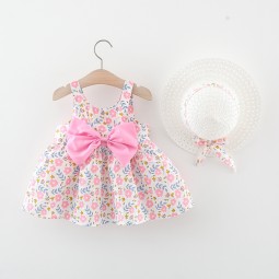 Dress Summer Children Children's Clothing Spaghetti Strap Bow Print Vest Cute Baby Girl Spaghetti Strap Sundress with Hat Baby Toddler Spaghetti Strap Dress
