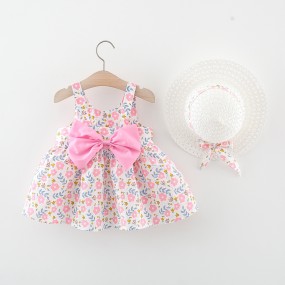 Dress Summer Children Children's Clothing Spaghetti Strap Bow Print Vest Cute Baby Girl Spaghetti Strap Sundress with Hat Baby Toddler Spaghetti Strap Dress