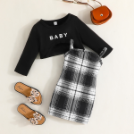 Round Neck Plaid Long Sleeve Spaghetti Strap Jumper Dress Black Crop Top 2-Piece Set Bodycon Skirt Baby Toddler Girl Set