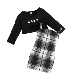 Round Neck Plaid Long Sleeve Spaghetti Strap Jumper Dress Black Crop Top 2-Piece Set Bodycon Skirt Baby Toddler Girl Set