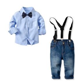 Solid Color with Zipper Jeans Children's Clothing Dress Shirt with Tie Bow Tie Party Long Sleeve Treasured Formal Wear