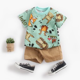 Baby Set Summer Boy Cartoon Short Sleeve T-Shirt Children's Clothing 2-Piece Set Clothes Animal Print Fabric Round Neck Casual