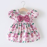 Set New Daily Use Heart Flower Print Children Girl Puff Sleeve Summer Casual Wear Bow Girl Play Clothes