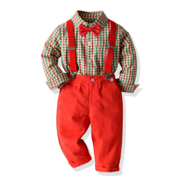 Christmas Children Set Boy Plaid Shirt Bow Overalls Party Dress Formal Wear Children's Clothing Set Natal Clothing De Noel