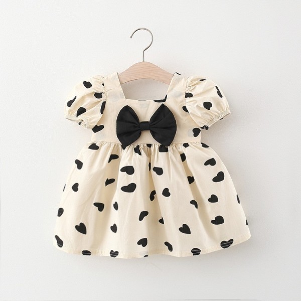 Set New Daily Use Heart Flower Print Children Girl Puff Sleeve Summer Casual Wear Bow Girl Play Clothes
