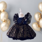 European & American Girl Dress Small Children Bow Flutter Sleeve Princess Mesh Puffy Skirt Christmas Princess Children Dress