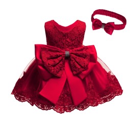 Hot Selling One Year Birthday Summer Baby Bow Short Skirt with Puffy Mesh Cotton Dress Princess Lace Children Girl Dress