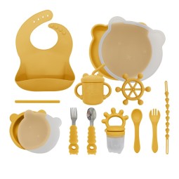 Custom Logo Children Suction Plate with Spoon and Fork Rubber Weaning Tableware Silicone Bib Straw Cup Children's Dining Baby Feeding Set