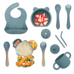 Newborn Cartoon Suction Tableware Snack Drinking Cup Children Tableware Product with Spoon Bib Silicone Baby Feeding Care Set