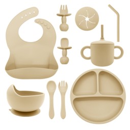 8 Pcs Custom BPA-Free Children Tableware Plate Toddler Plate Bib Tableware Silicone Baby Suction Feeding Set