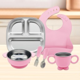 BPA-Free Detachable Children Heat Insulation Plate Stainless Steel Insulated Double-Wall Tableware Silicone Baby Feeding Bowl Set