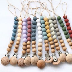 Silicone Pacifier Wooden Dummy Clip Chain Pacifier Holder Beads Silicone Baby Pacifier Clip Baby Teether