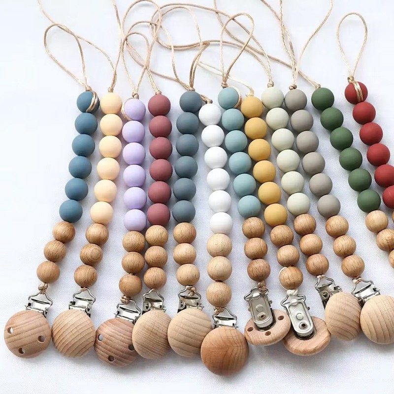 Silicone Pacifier Wooden Dummy Clip Chain Pacifier Holder Beads Silicone Baby Pacifier Clip Baby Teether